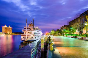 The riverfront promenade in Savannah, GA, at twilight is one of the most beautiful places in the city.